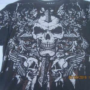 Graphic  Black & White Gothic Skull Cotton Tee,2XL